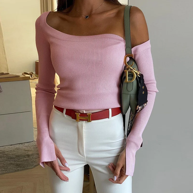 

Zoctuo Solid Knitted Ribbed Women Long Sleeve Off Shoulder Crop Top Skinny Sexy Streetwear Elegant Party Club 2021 Clothes