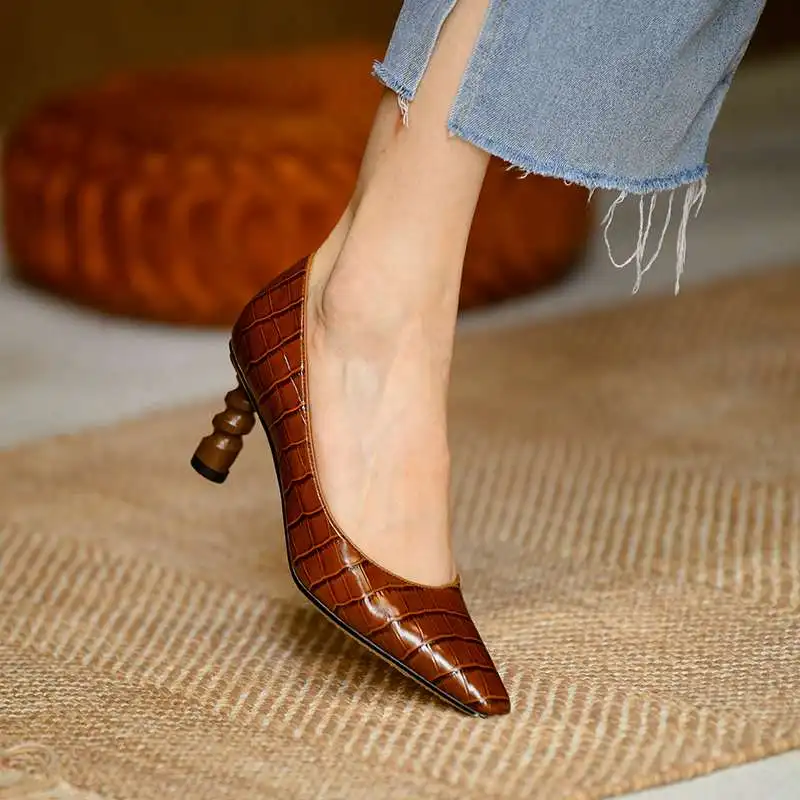 

Vichelo Hot 2020 new genuine leather small square toe strange high heels simple style shallow slip on fashion women pumps L84