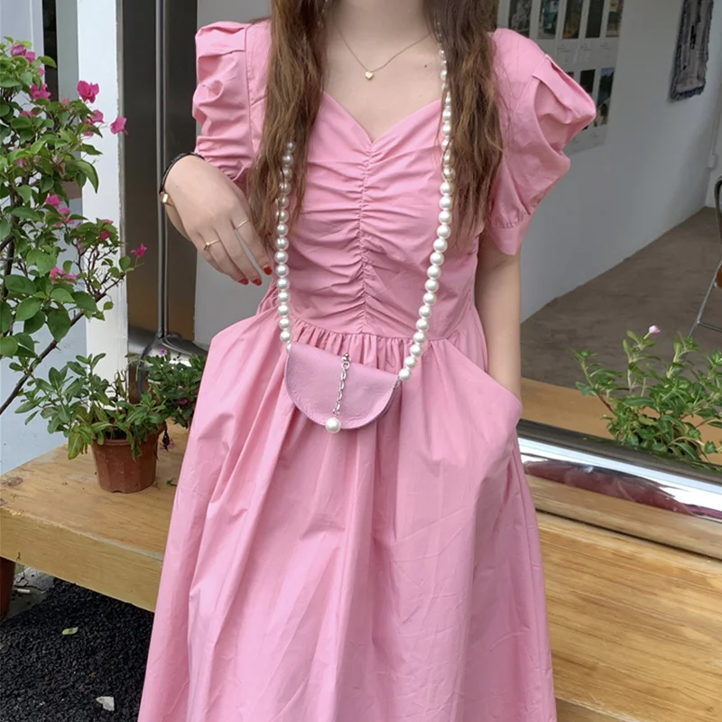 

Korean Chic Summer French Style Collar Leaky Clavicle Pleated High Waist Bubble Sleeve Dress Pearl Chain Bag