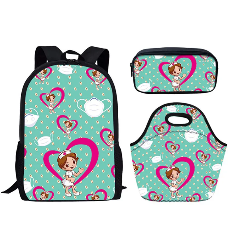 Cartoon Nursing Pattern Backpack 3Pcs/Set Hospital Offspring School Bags For Girls Boys Doctor Nurse Backpacks Mochila Escolar