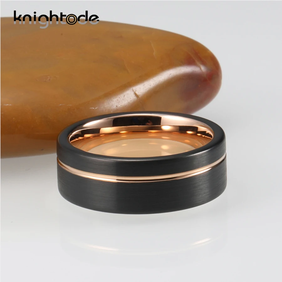 Двухцветное 8 мм черное кольцо из карбида вольфрама розовое золото офсетная