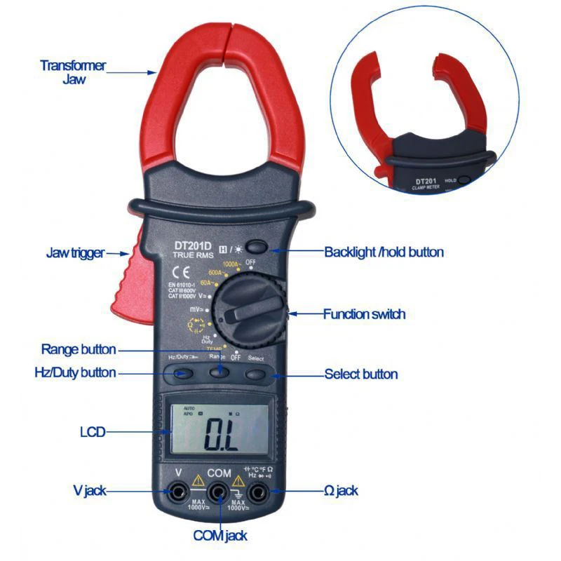 

DT201 Digital Clamp Meter AC/DC Multimeter Clamp Ammeter Large Jaw 1000V DC Current Clamp Meter LCD Digital Handhold Tools