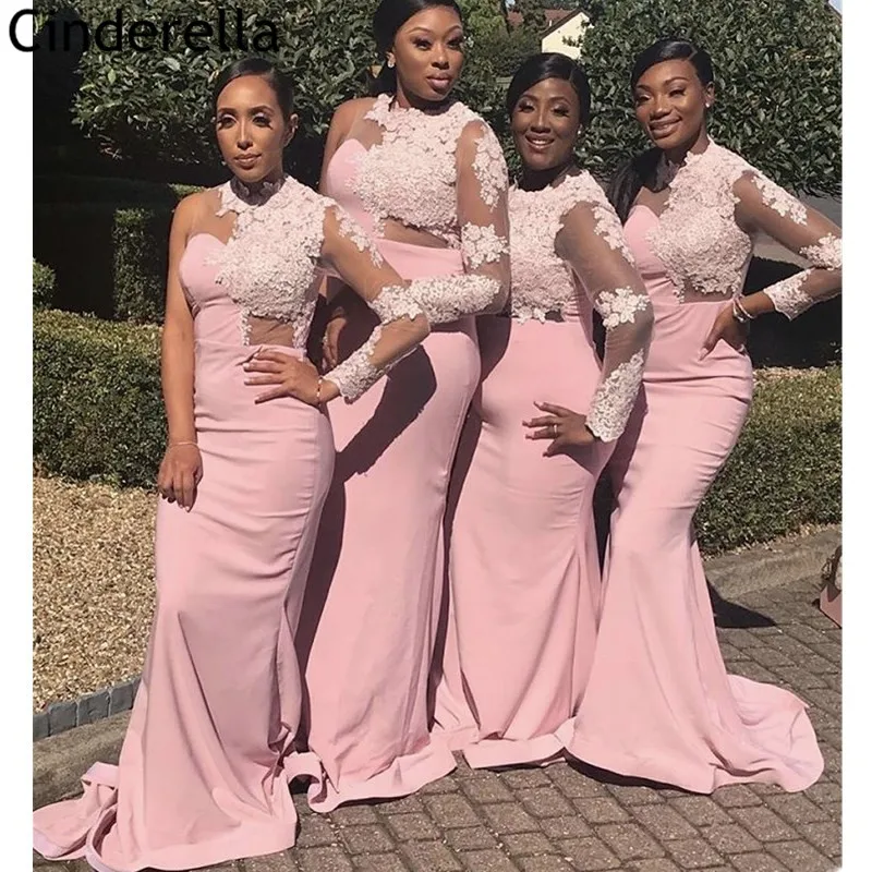 

Lace Bridesmaid Dresses Long Sleeves Mermaid Sweep Train Flower Bridesmaid Dresses With Zipper Back Wedding Party Dresses