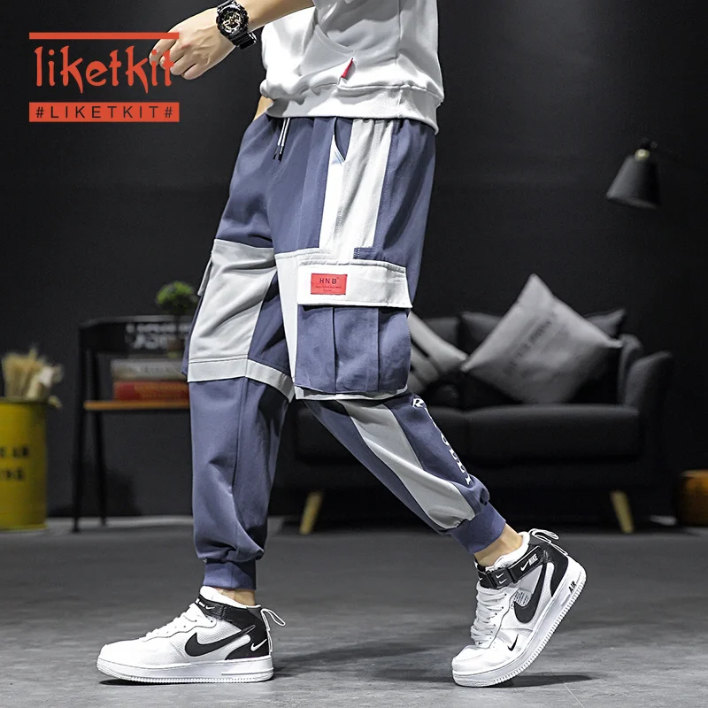 Liketkit брюки карго мужские зимние 2019 Цветные Лоскутные боковые карманы для бега