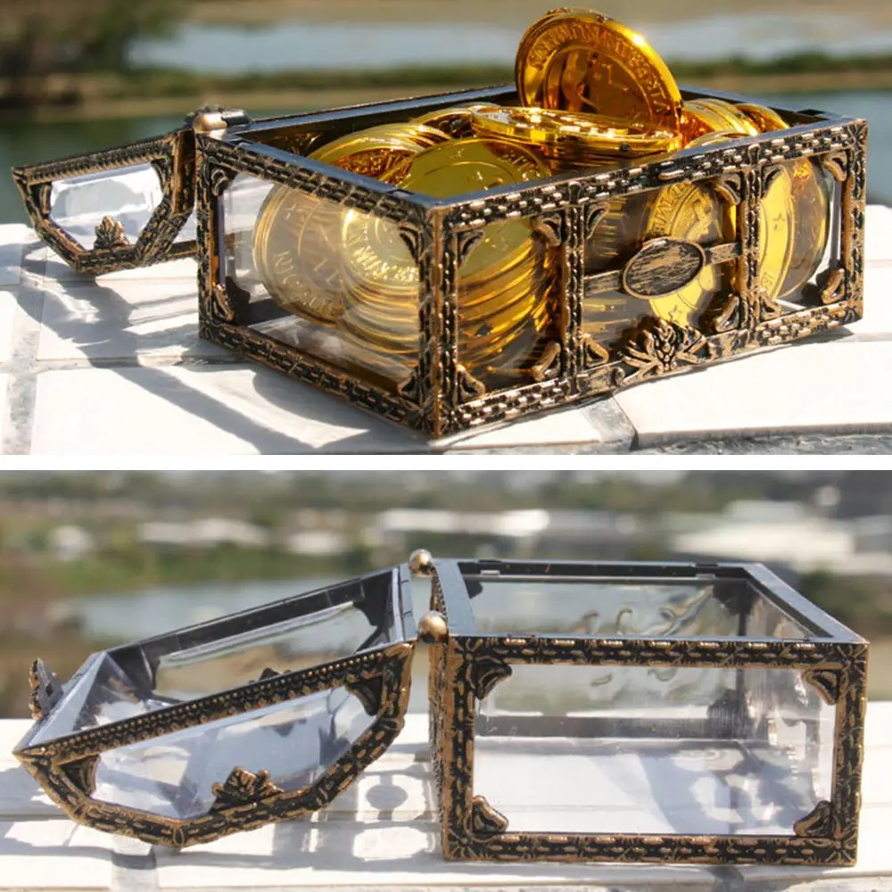 Fashion Jewelry Storage Box Pirate Design Treasure Chest Metal Lock Cases Plastic Coin Transparent Mini Ornament | Дом и сад