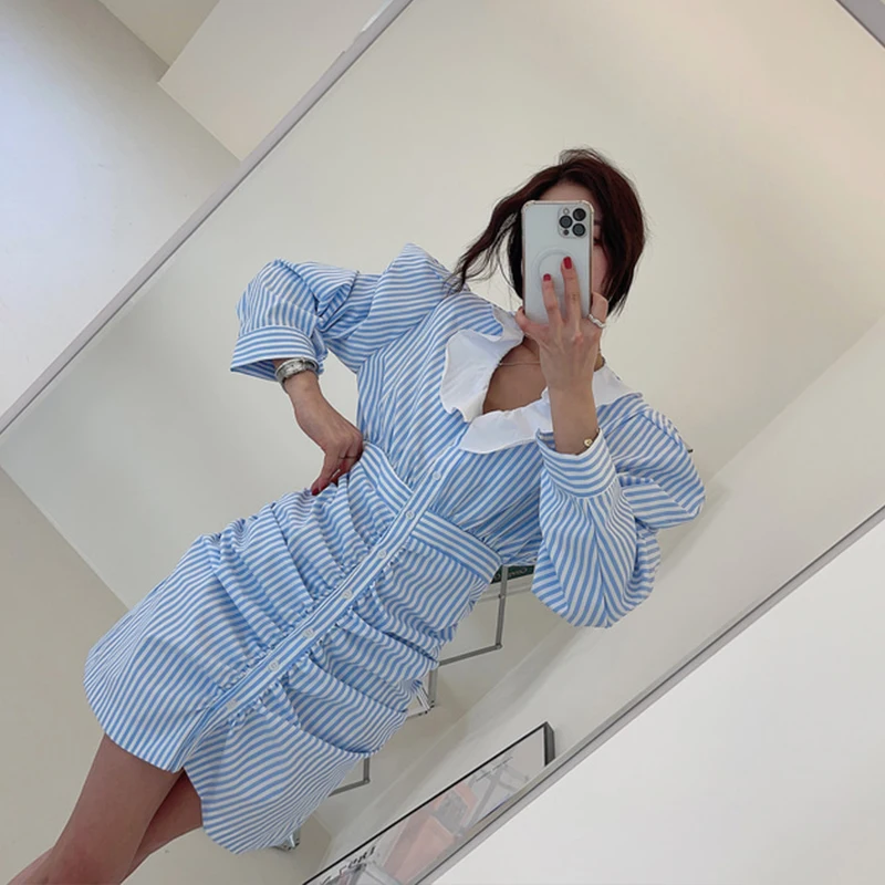 

2021 Summer Women'S Korea Chic Temperament Western Style Buckle Lapel V-Neck Stripe Long Sleeve Ruffle Buttocks Dress Vestidos