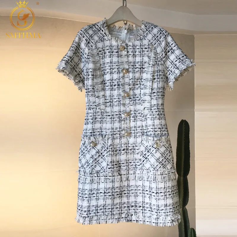 SMTHMA Новое поступление зимнее подиумное клетчатое твидовое платье с коротким