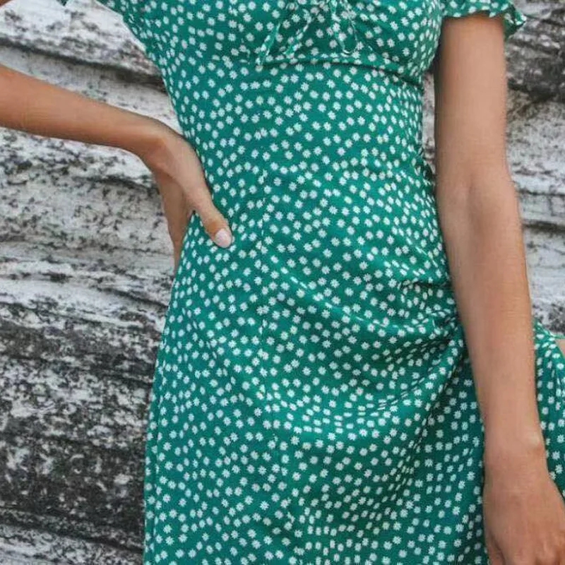 

2021 Summer New Women's Printed Square Neck Green Maxi Dress Short Sleeve Beach Sweet Casual Holiday Dinner Party Dresses
