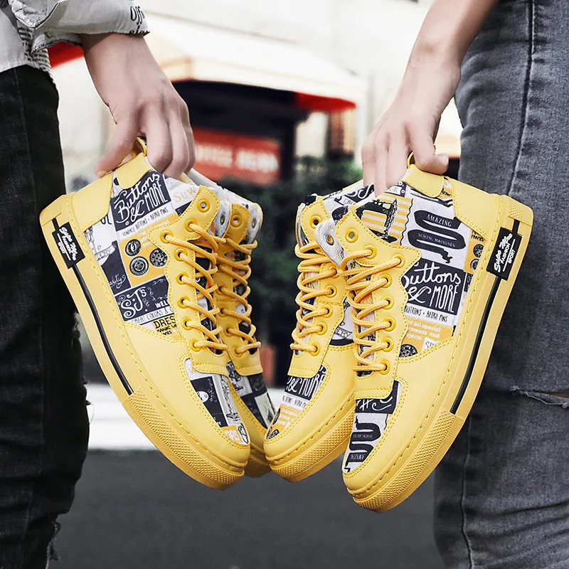 Fashion Graffiti Printed Superstar Skateboard Shoes Men Yellow High top Men Sport Sneakers Platform Women Trainers Skate Shoes