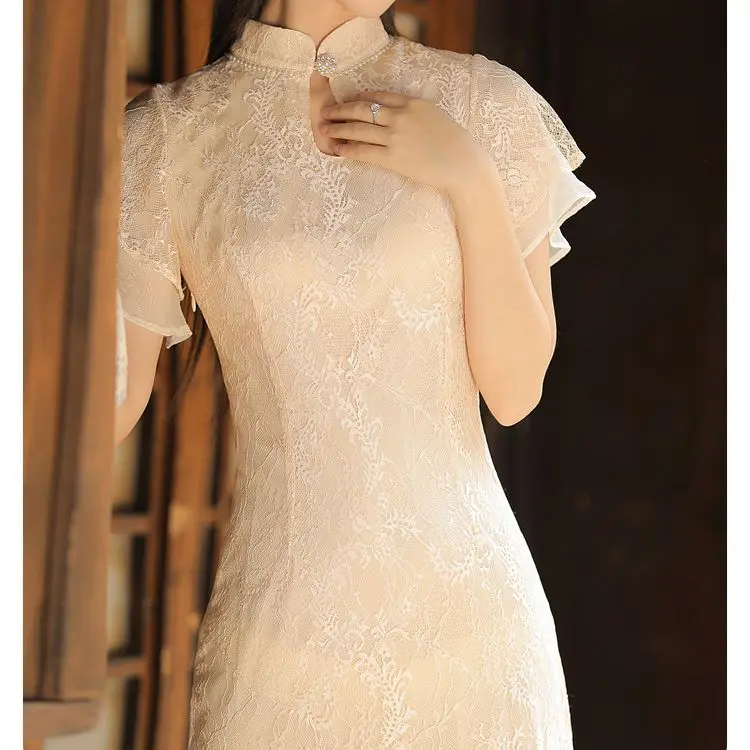 

Summer Lace Stand Collar Dress Casual Cheongsam Women Dress Chinese Traditional Short-Sleeved Cheongsam Elegant Woman Clothes