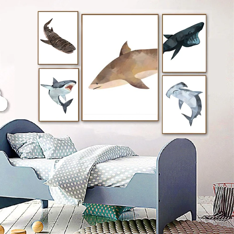 Плакаты на холсте с принтом акулы морские животные для детской комнаты Большое