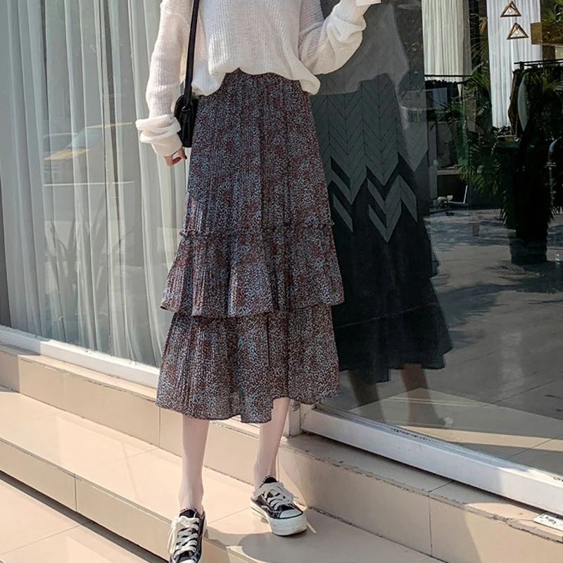 Юбка женская шифоновая трапециевидная с цветочным принтом винтажная