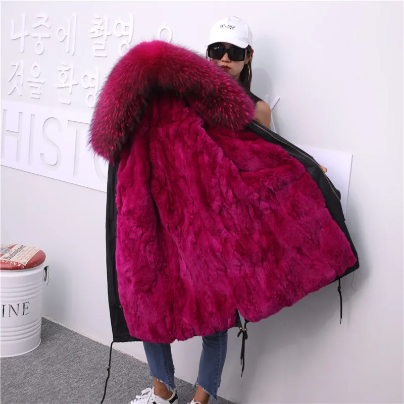 black with red fur Oversive thikcer на натуральном меху куртки женская зимняя обувь длинноворсовый мех кролика съемная подкладка пальто из настоящего меха лисы с капюшоном с меховой опушкой, F10 - Цвет: black with red fur