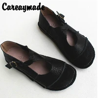 careaymade leather vintage womens flat soft sole shoesbreathable and comfortable original round head handmade single shoes