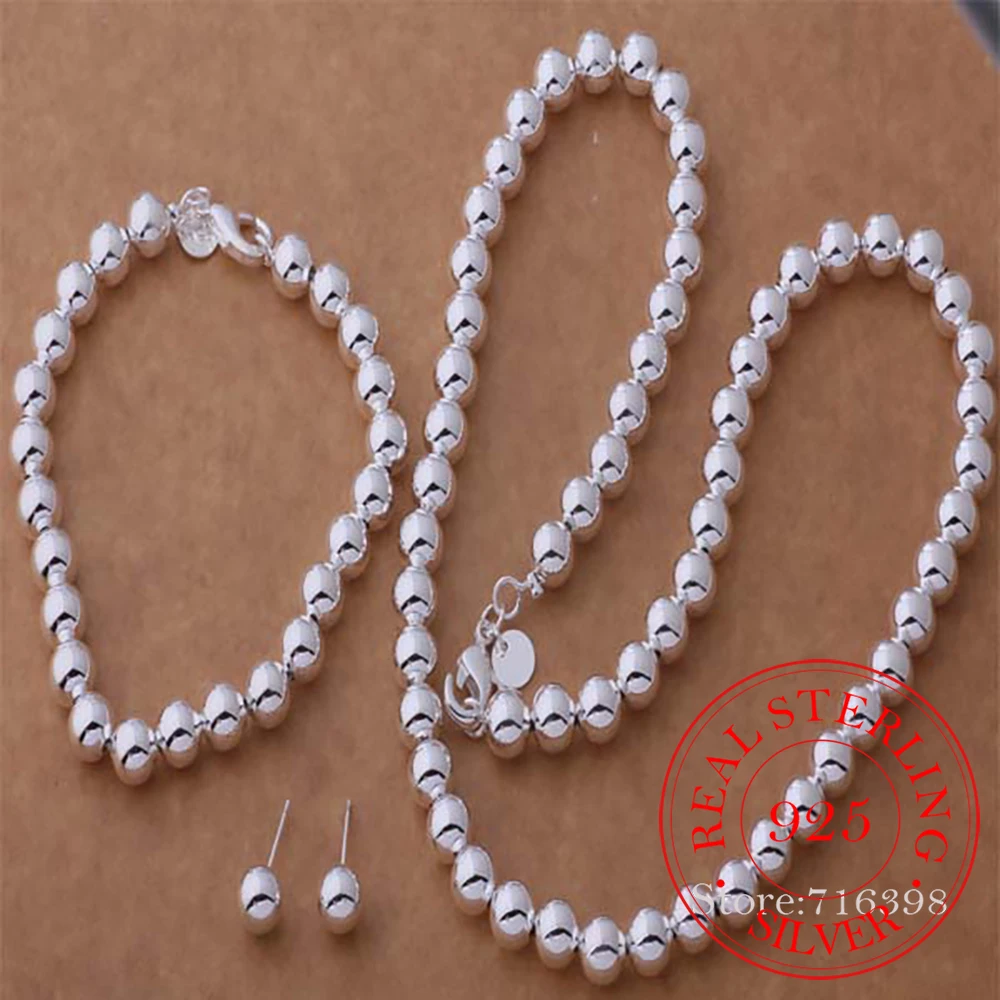 Real 925 sterling silver jewelry set 8MM beads ball chains necklaces bracelest earrings for women 2020 3-pieces set asdajjka