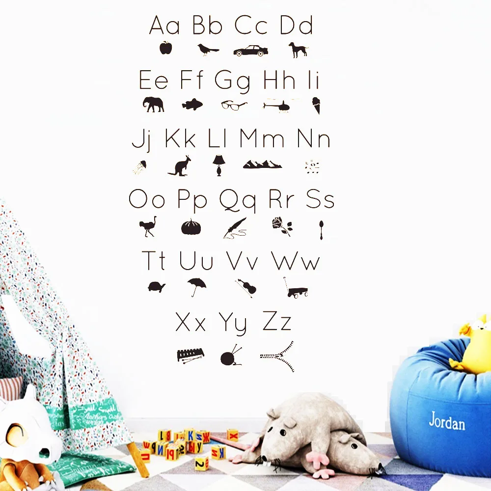 Настенная Наклейка yoyoyoyu, ABC, декор для детской комнаты, алфавит, картина, иконы, Shilouettes, ПВХ, удаленный художественный дизайн, настенный плакат J063