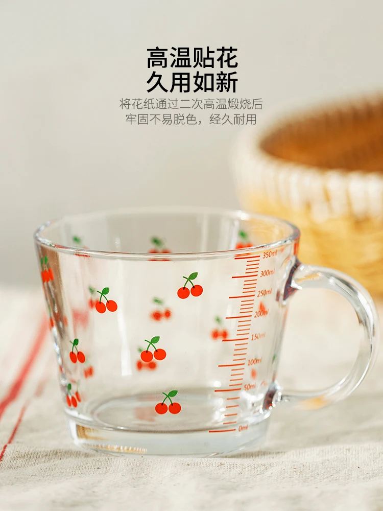 

Glass Glass Bowl Salad Cold Water Cup Cute Cherry Breakfast Cup with Handle Coffee Cup Beer Whiskey with Scale