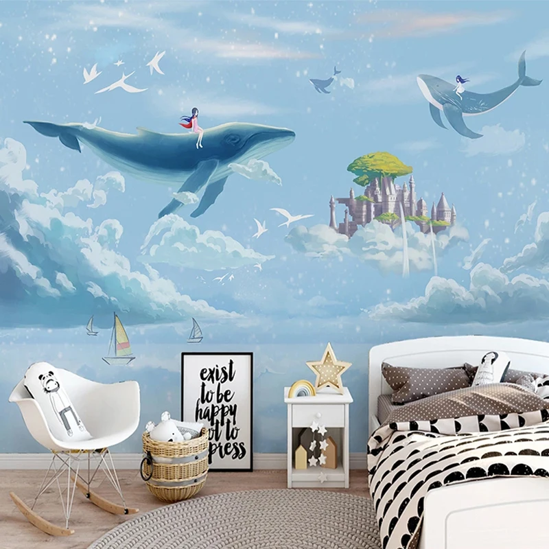 

Custom Photo Wallpaper 3D Hand Painted Watercolor Creative Sky Whale Children's Room Mural Background Wall Paper Papel De Parede