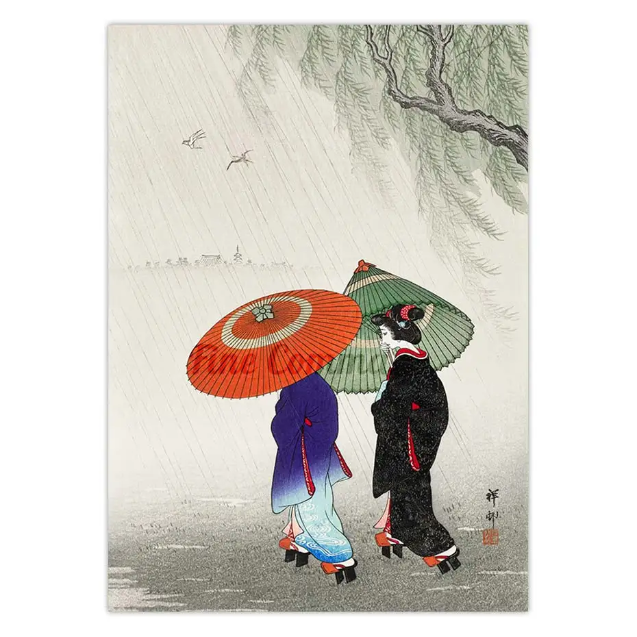 

Японский художественный плакат для двоих женщин, ходя под дождем, охара Косон, винтажный деревянный блок, холст, печать, настенная живопись, Азиатский Декор для дома