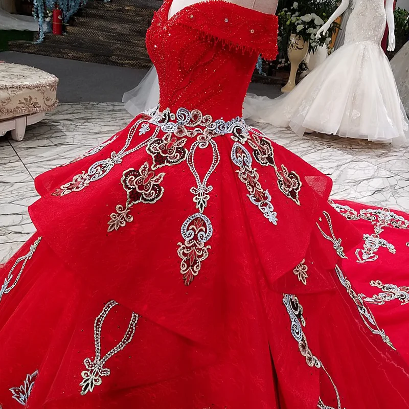 LS60411 vitage off shoulder sweetheart floor length lace up back crystal ball gown prom dress red puffy evening wholesale | Свадьбы и