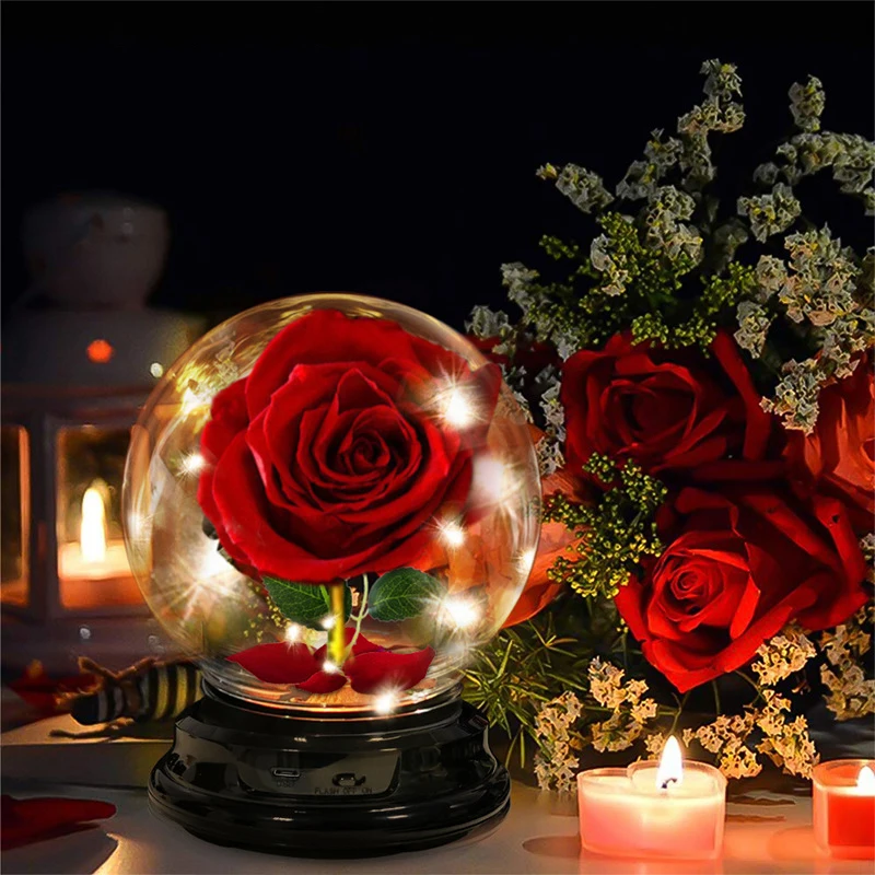 

Christmas Gift Artificial Flowers Eternal Rose Decor With LED In Glass Dome Mother‘S Day Gift Rose Lamp Ornaments