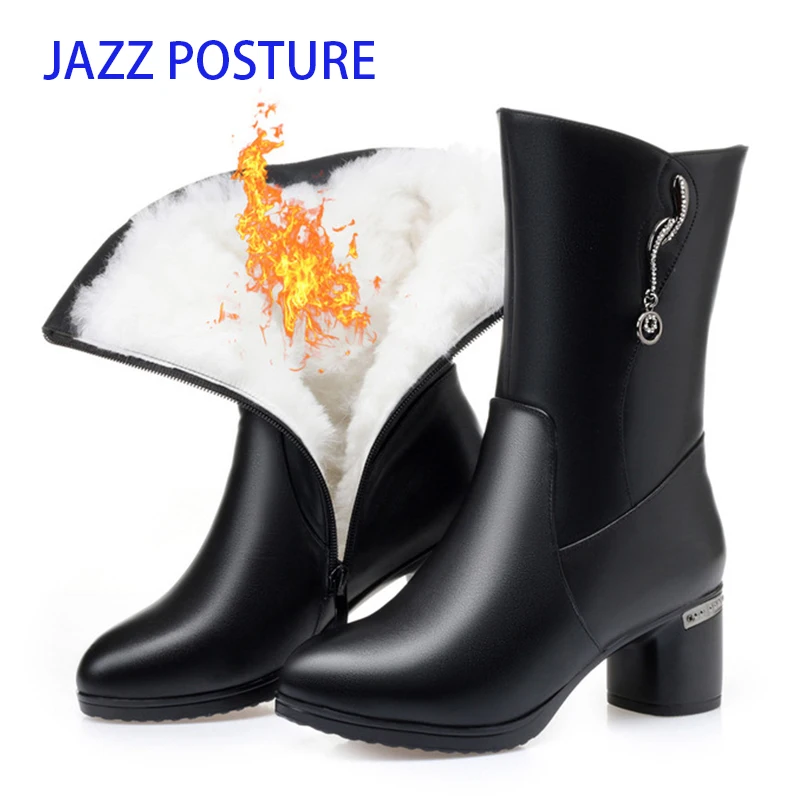 

Wool Women Warm Platform for Snow Boots Fur Warm Shoes Plush Mid-Cal Boots Thick Bottom Women Genuine Leather Winter Boots w314
