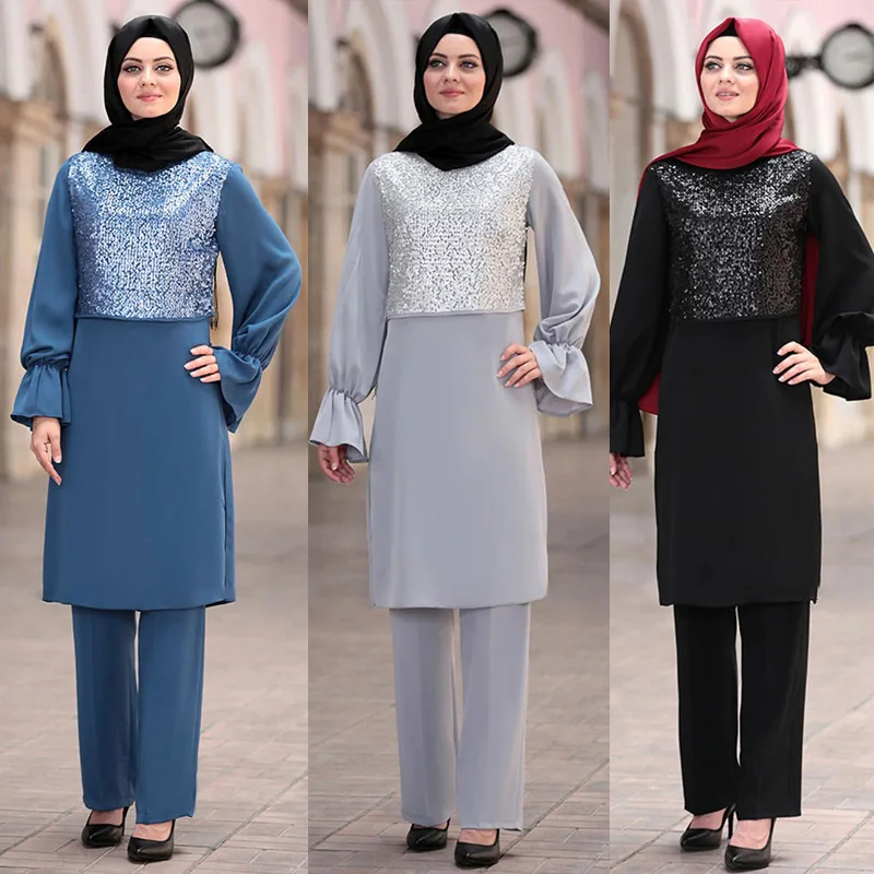 

2 Piece Set Middle East Dubai Muslim Lace-up Top And Trouser Suit Women's Gown Oman Turkish Turban Muslim Islamic Dress Ramadan