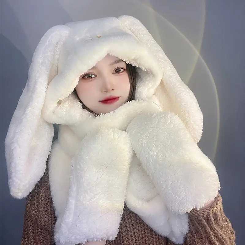 Conjunto de guantes y bufandas para mujer y niño, gorro suave y cálido con orejas de conejo bonito, bolsillo grueso, invierno, 2021