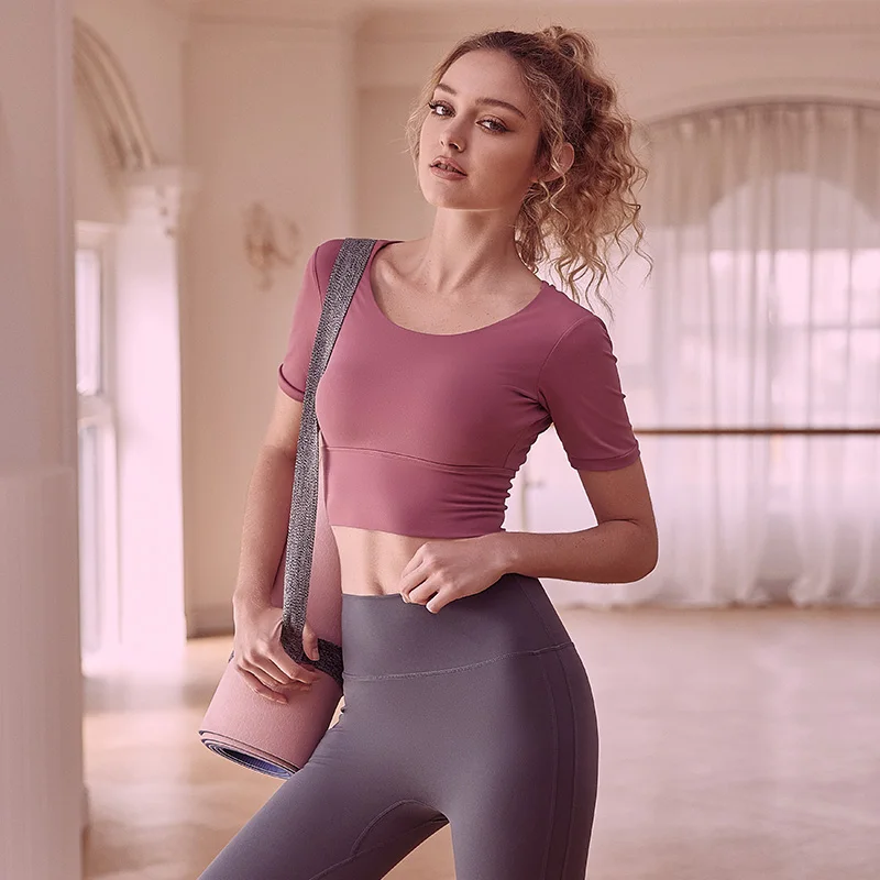 Women Short Sleeve Yoga shirts Padded Inside Network Star Favorite Tight Yoga T-shirt Sexy Back Yoga Top Clothing