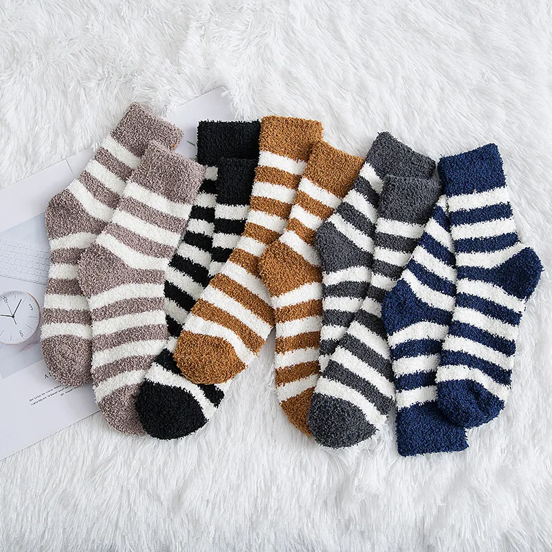 Striped Socks Men Soft Man Fluffy Socks Thick Coral Velvet Winter Warm Home Indoor Floor Terry Towel Fuzzy Sock Mens Male Meias images - 6