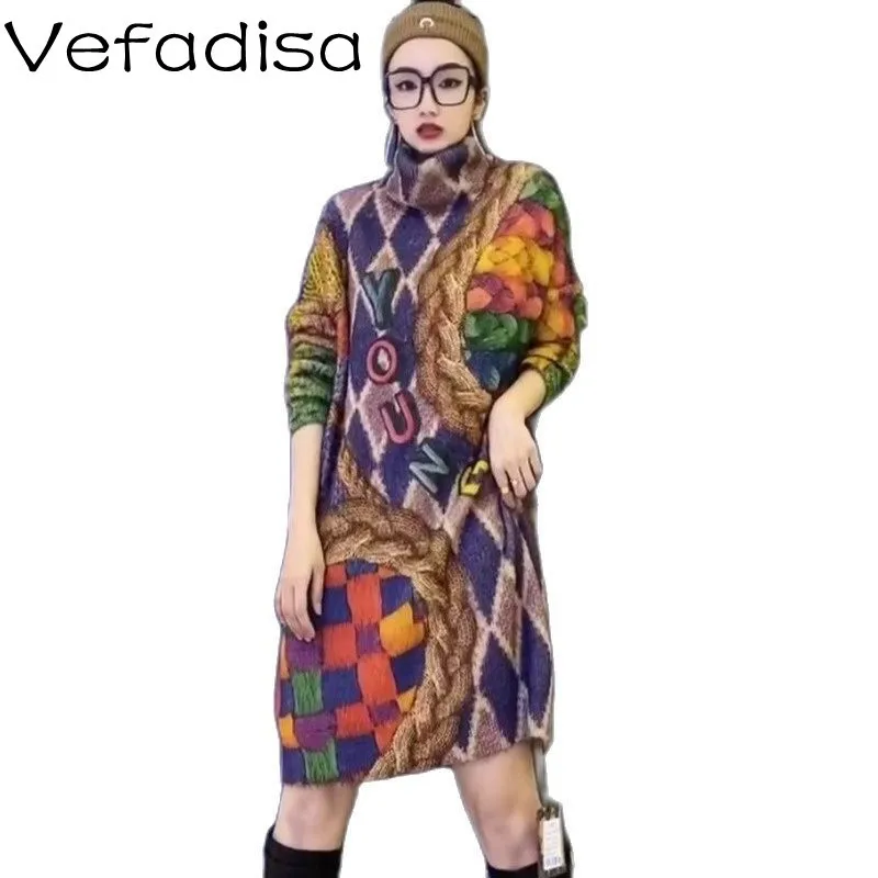 

Vefadisa Fashion Printed Mink Velvetg Turtleneck Sweater Dress 2022 Spring New Thick Knitted Pullover Dress ZWL1681A