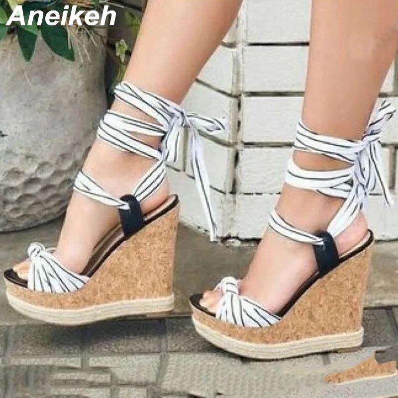 

Aneikeh Sequined Cloth Sandals Women Summer 2021 Platform Wedges Gladiator Pumps Shoes Party Lace-up Striped Riband Cross-Tied