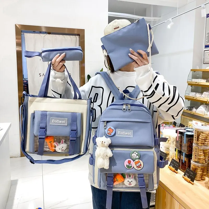 

4 Piece Set Teen Student Schoolbag High School Backpack Bags For Teenage Girl Canvas Travel Backpack Women Bookbags Fashion 2021
