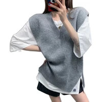 2020 Autumn V Neck Gray Sweater Women Casual Loose Sleeveless Knitted Sweater Top Winter Elegant Pullover Jumpers