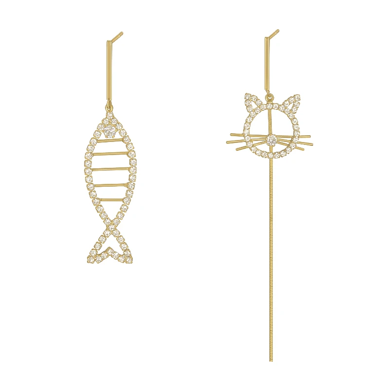 

Design Cat Fishbone Asymmetric Gold Earrings For Woman Korean Fashion Jewelry Gothic Accessories Girl's Luxury Creative Earrings