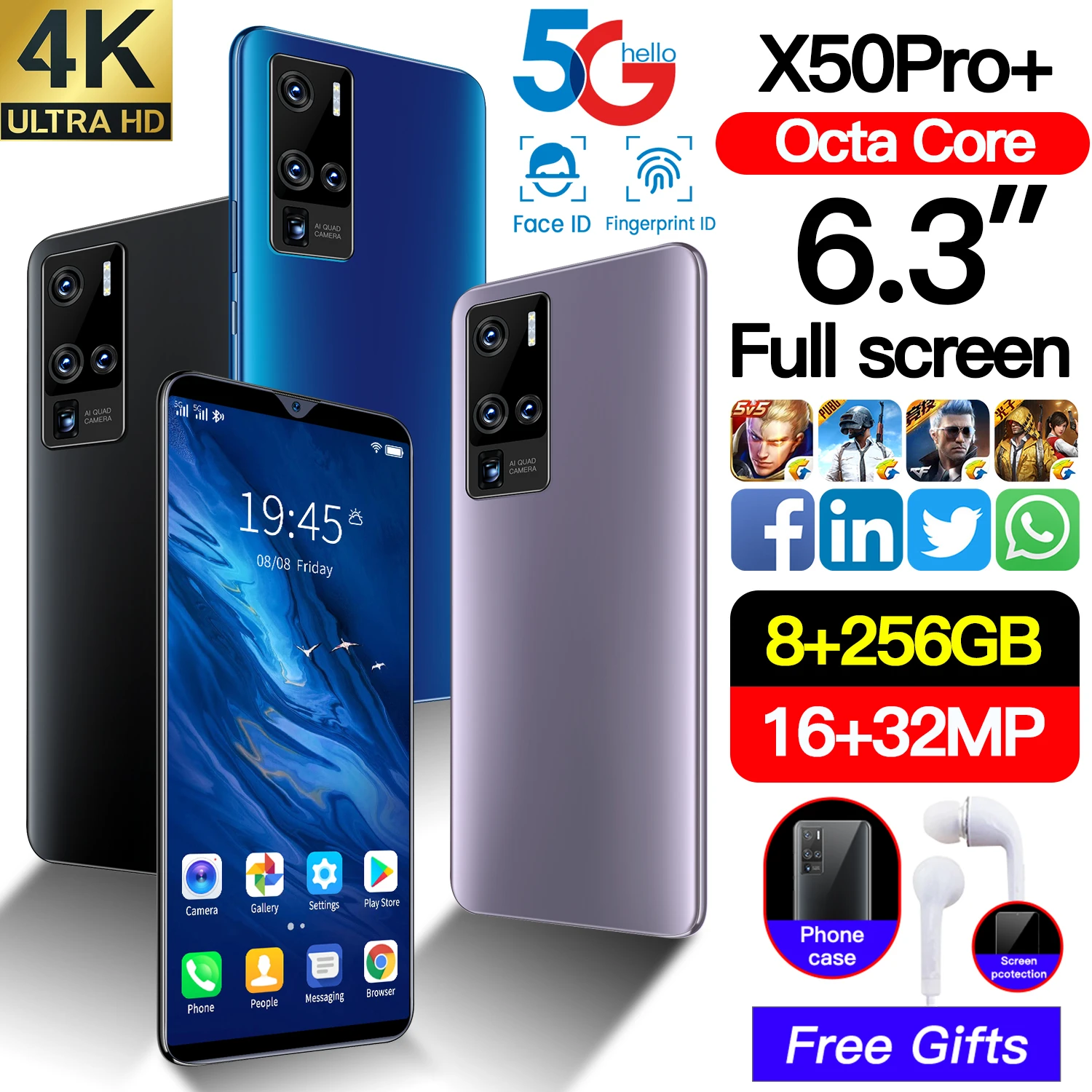 

High Cost-Effective Global Version X50 Pro+ Smart Phone 8G+256GB HD+ Water Drop Screen Support Face Finger Unlock 4800mAh Phone