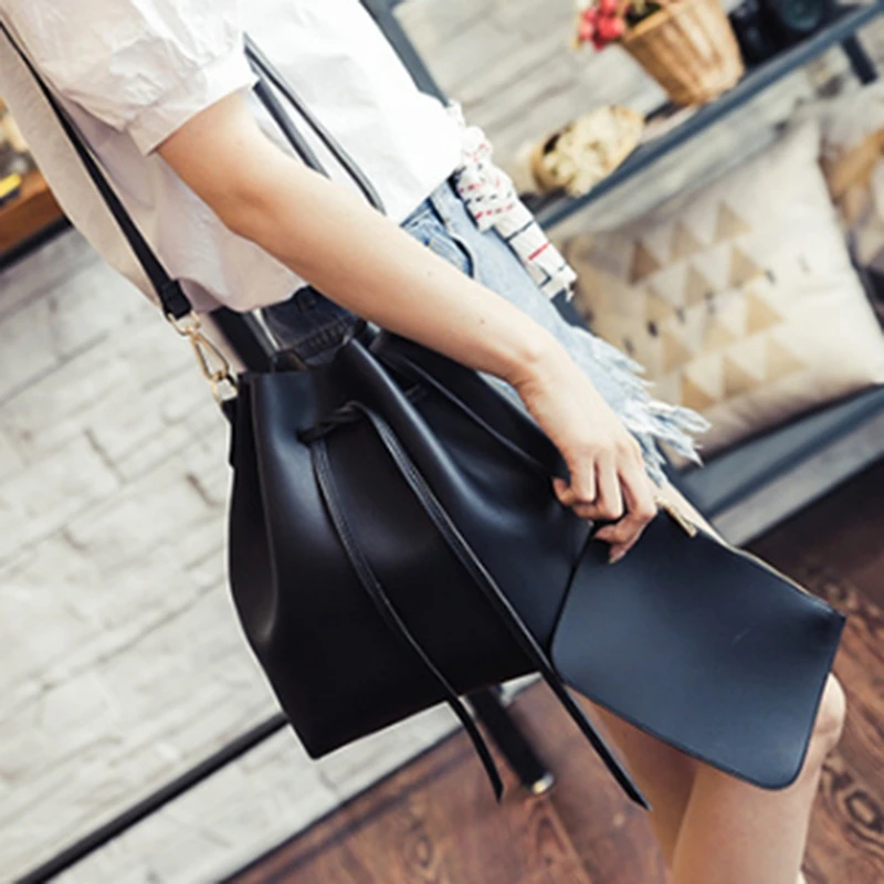 

ASDS-Women's PU Leather Drawstring Bucket Bag Crossbody Bag Shoulder Bag Purse with Colorful Strap
