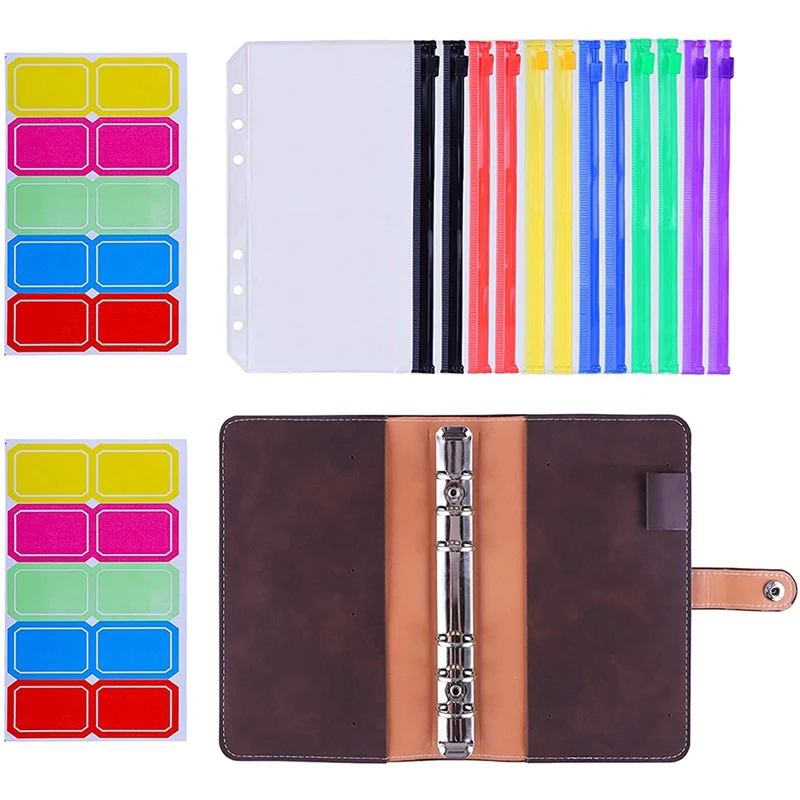 

12Pcs A6 Colorful Zipper Loose-Leaf Bag with PU Leather Notebook Binder Cover Waterproof Cash Budget Envelope System