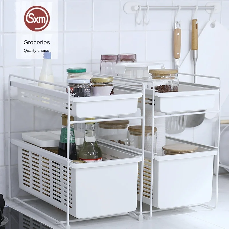 

Двухслойная выдвижная стойка для приправ, нажимная выдвижная полка для кухонного шкафа, туалета, раковины, Органайзер