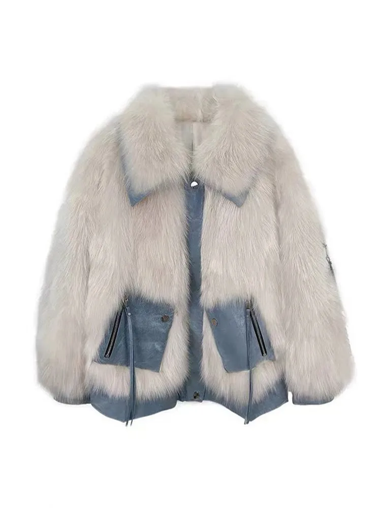 

Denim Jacket2021Winter Korean Warm Parka Genuine Real Fox fur Stitching Duck Down Liner Coat Female Luxury Women Sweet Outerwear