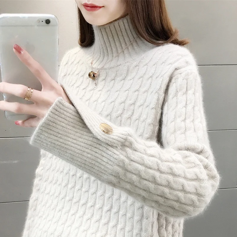 

Пуловер женский, с высоким воротом, свободный, корейский стиль, зима женский трикотажный свитер