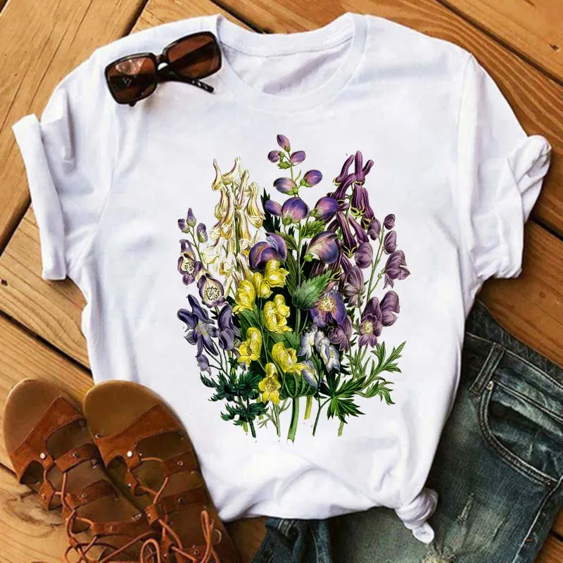 

Korean Style Woman Clothes Casual Short Sleeve Tshirts Maycaur Summer Flower Women Tops Cartoon Floral Graphic Printed T Shirt