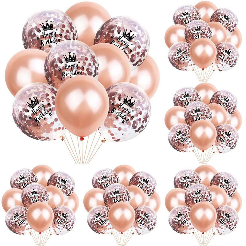 

12inch Rose Gold Latex Balloons Number Crown Confetti Balloon 18th Birthday Ballons Happy Birthday Party Decorations Adult