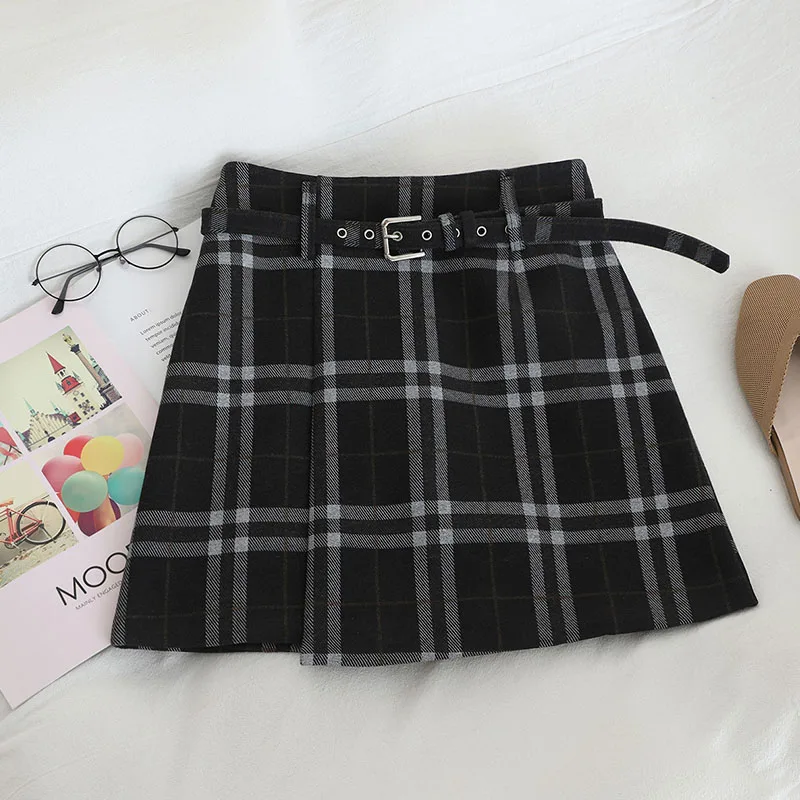 HELIAR Preppy Plaid Woolen Shorts With Pocket Women Sashes Shorts Wide Leg Outwear Shorts Fall Winter Street Shorts Women - Цвет: BLACK