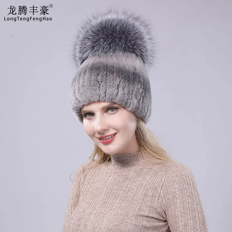 Женские шапки настоящий мех кролика однотонные шапочки с большим помпоном из