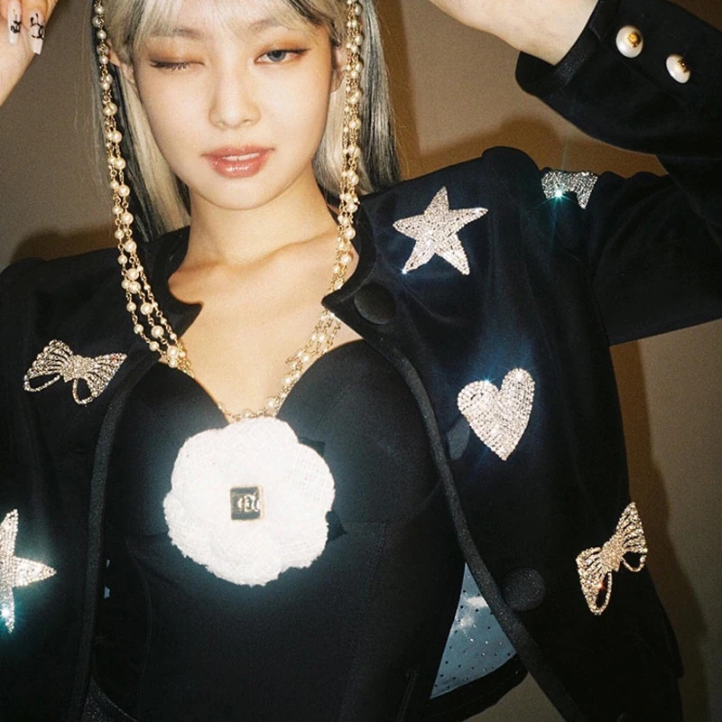 

Sequin Star Heart Graphic Gliter Bling Patches Fashion Coat Girls Preppy Lolita Cute Kawayi Harajuku Velvet Black Gothic Jackets