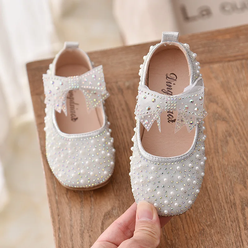 Spring New Girls Single Princess Shoes Pearl Shallow Children's Comfortable Flat Shoes Kid Baby Rhinestone Bowknot Shoes B207