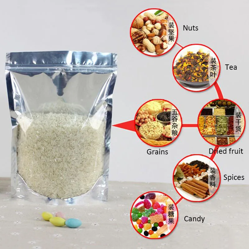 

100Pcs Stand up Clear Aluminium Foil Zip Lock Bag, Silvery Metallic Plastic Packaging Pouch for Food Tea Candy Cookie Baking