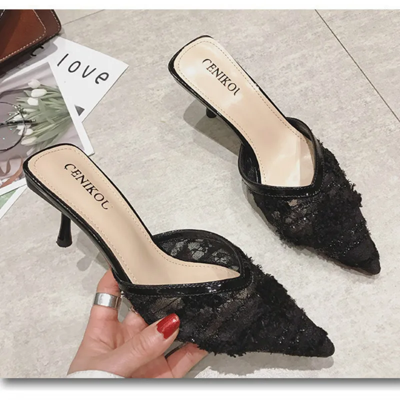 Fashion Summer Outer Wear Mesh (Air mesh) Solid Shallow Thin Heels Slides Pointed Toe Med (3cm-5cm) Cutout House Slippers Mesh