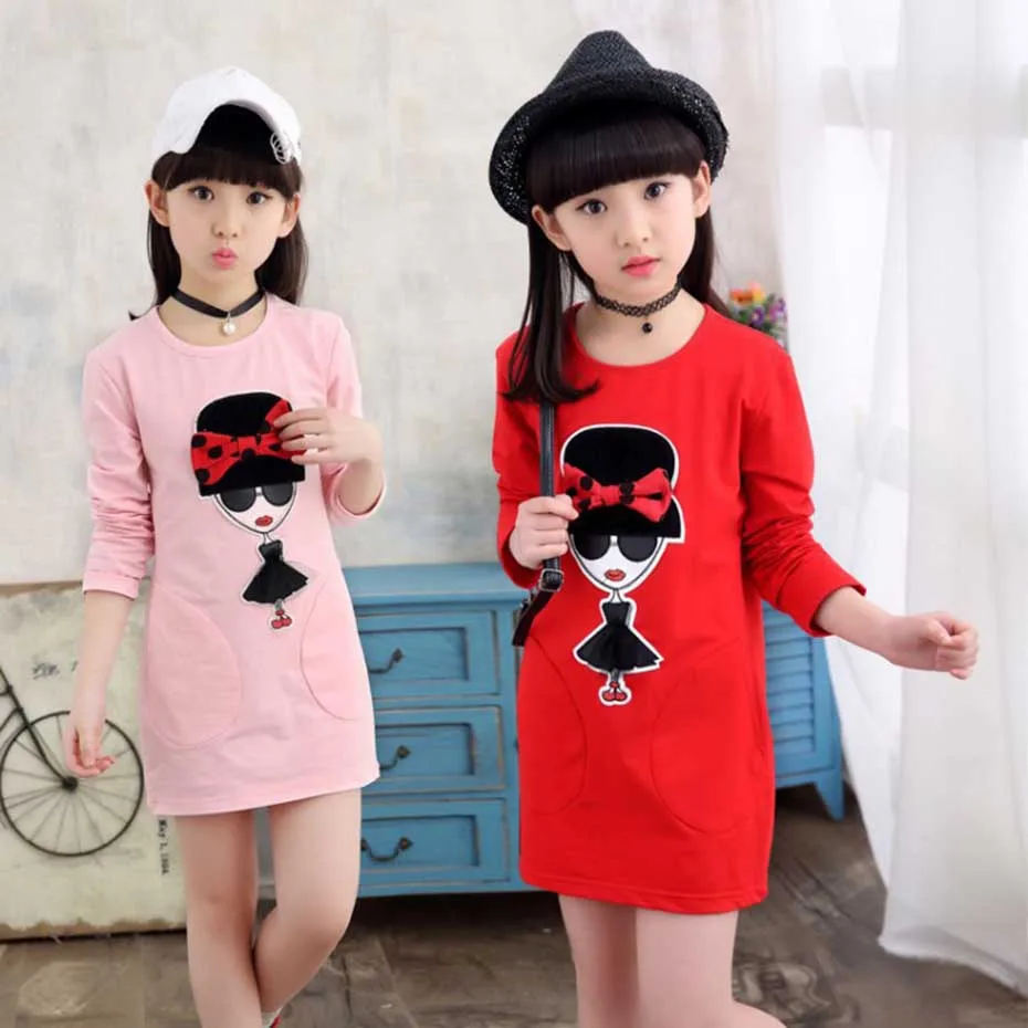 Kids Dresses For Girls Cartoon Patch Dress Dot Bow Party Girl Spring Autumn Cute Clothes 6 8 10 12 14 Year | Детская одежда и